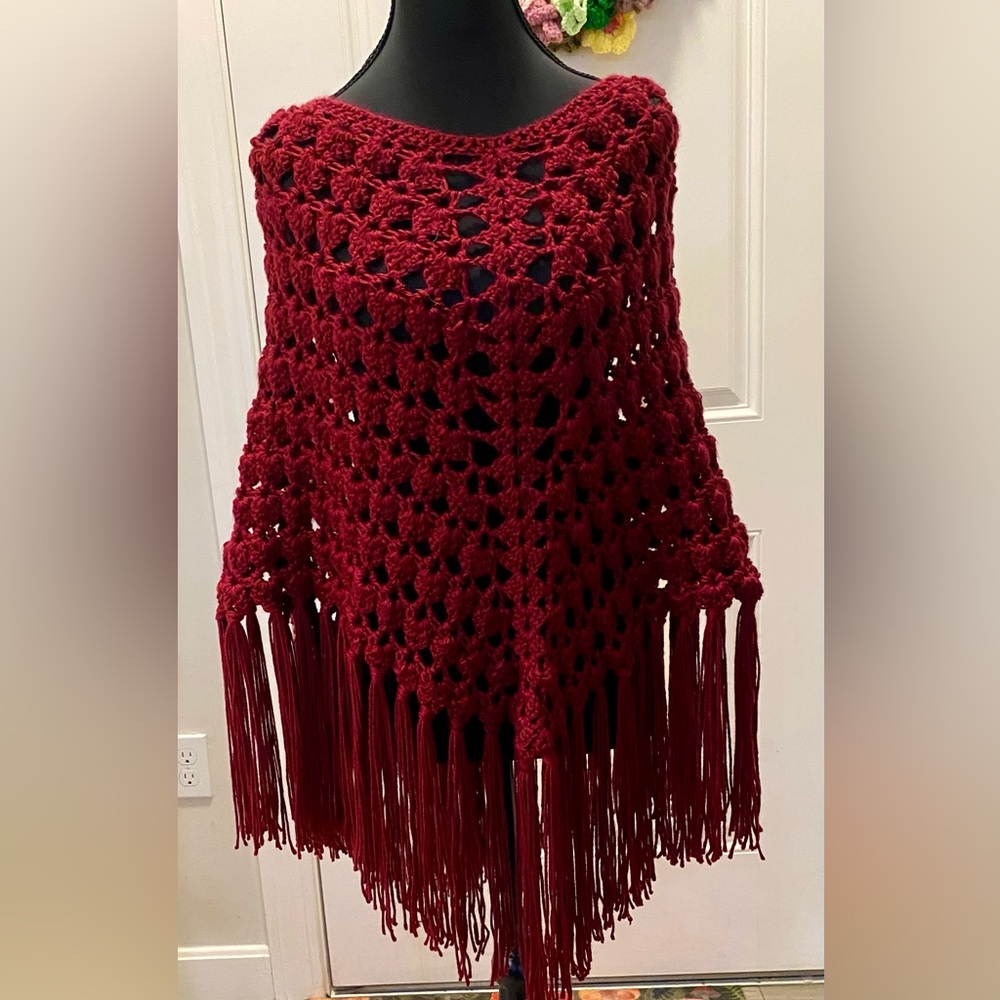 Burgundy RedCrochet Knit Fringe Poncho Cape